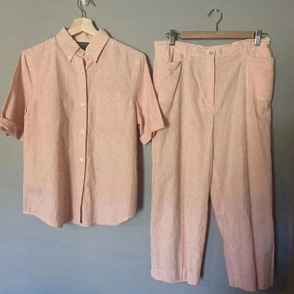 Ralph Lauren Coral Peach Gingham ButtonShort Sleeve Shirt Pants Set Size M /12 - Picture 1 of 16